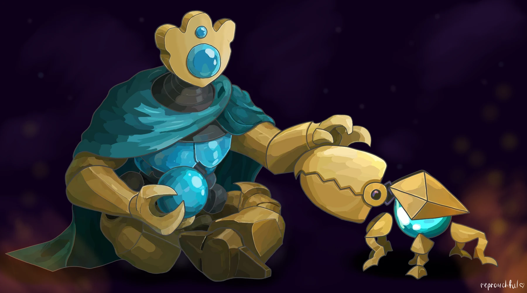 Defect из Slay the Spire в золотом корпусе и синем плаще сидит рядом с маленьким Chomper