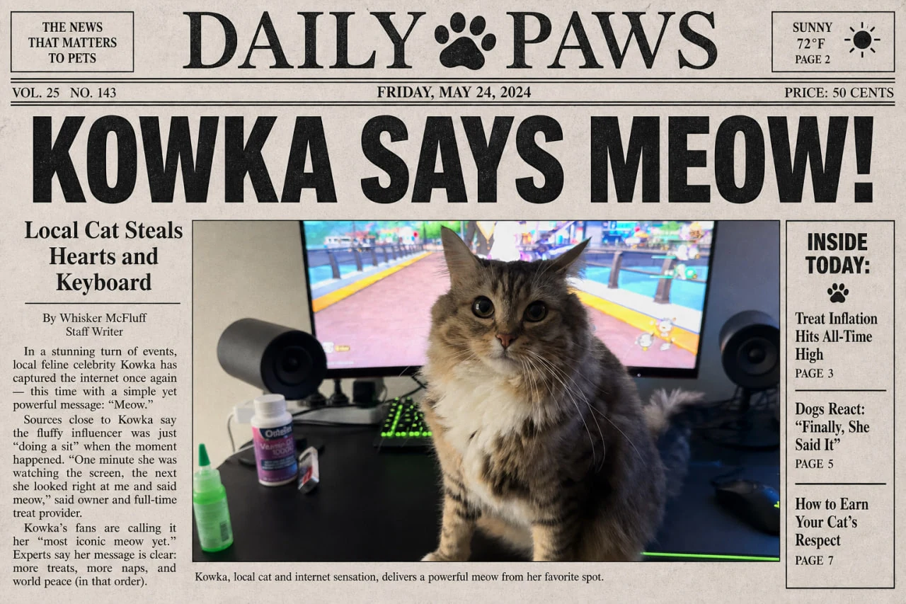 Газетная первая полоса Daily Paws с кошкой Kowka за компьютерным столом и огромным заголовком KOWKA SAYS MEOW